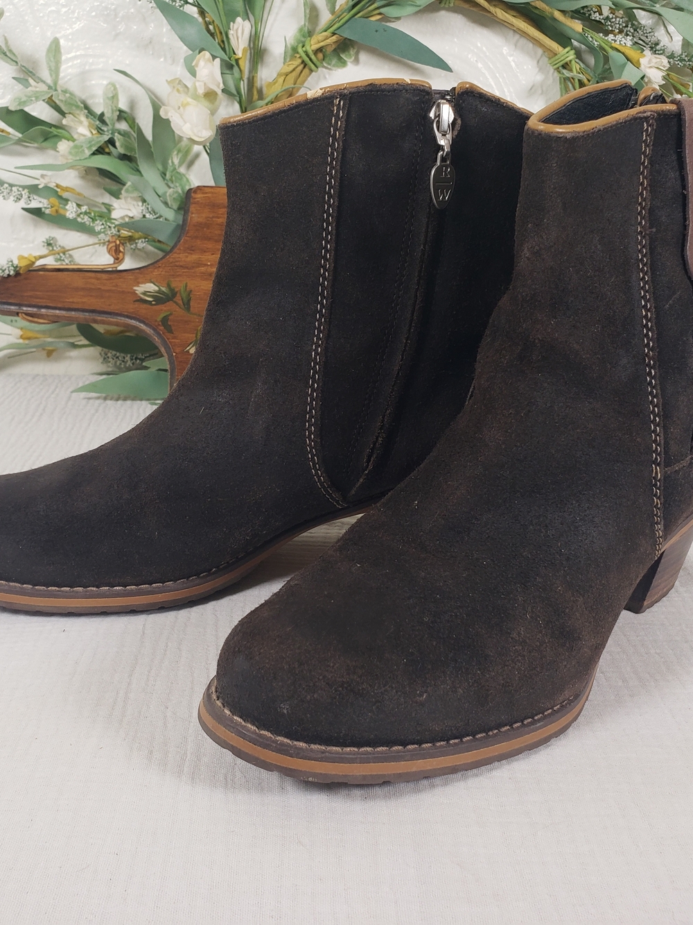 Women's Redwing Dark Brown Suede Ankle Booties 4909 with Side Zip
